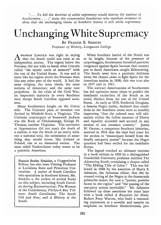First page of Unchanging White Supremacy