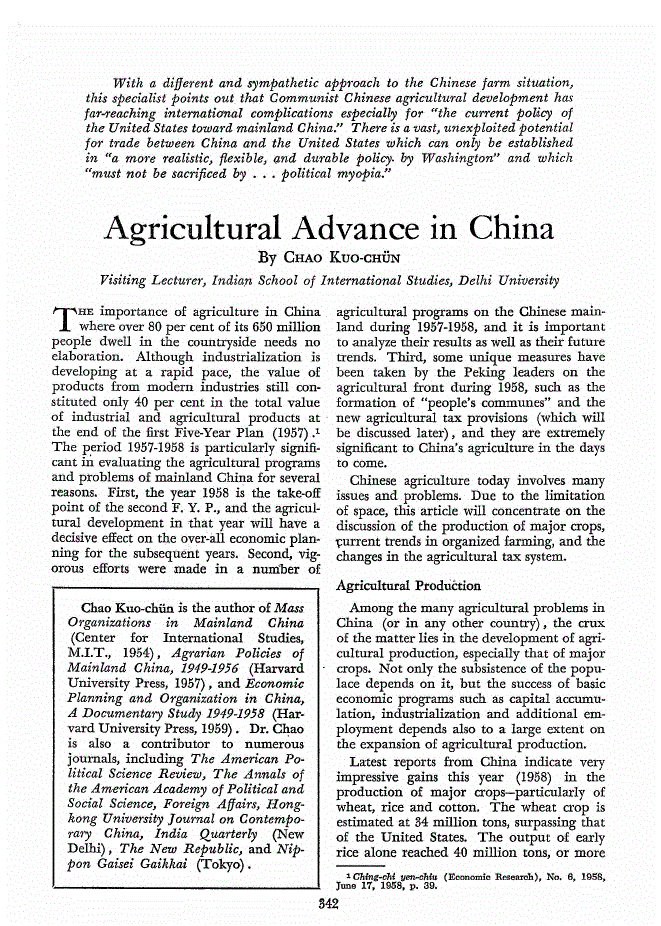 First page of Agricultural Advance in China