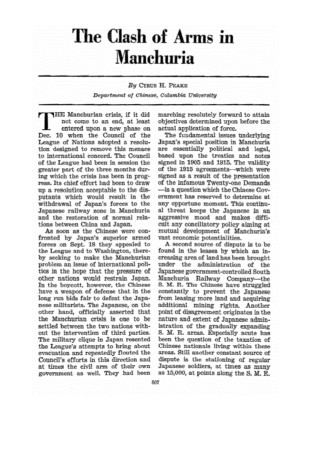 First page of The Clash of Arms in Manchuria