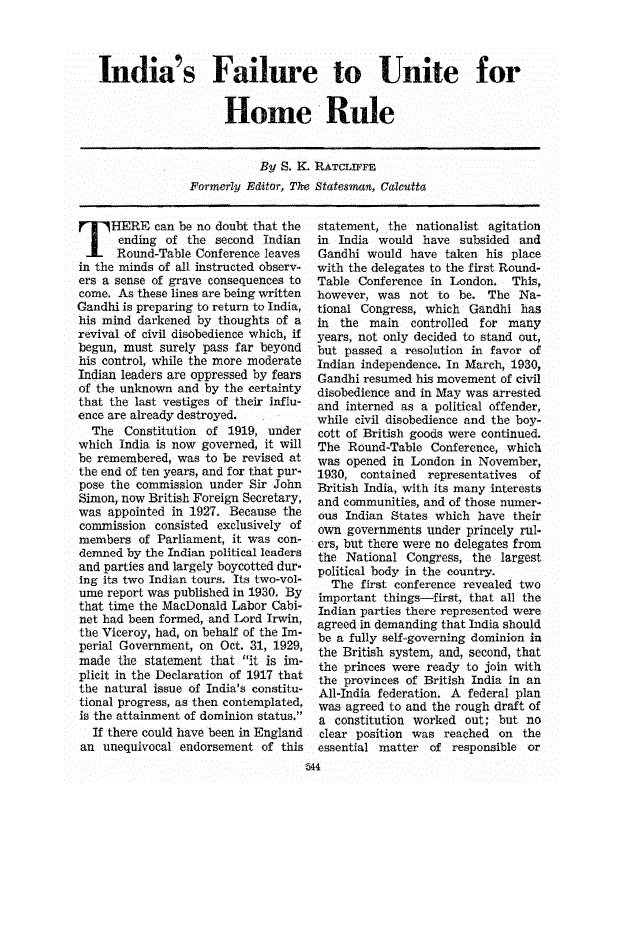 First page of India’s Failure to Unite for Home Rule