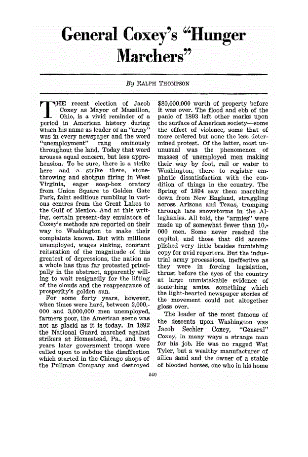 First page of General Coxey’s “Hunger Marchers”