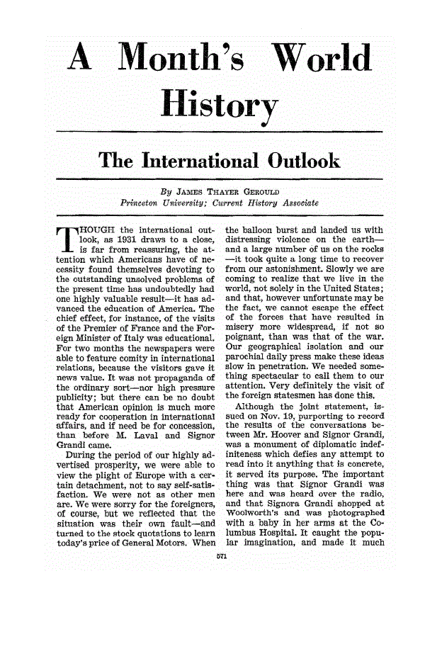 First page of A Month’s World History The International Outlook