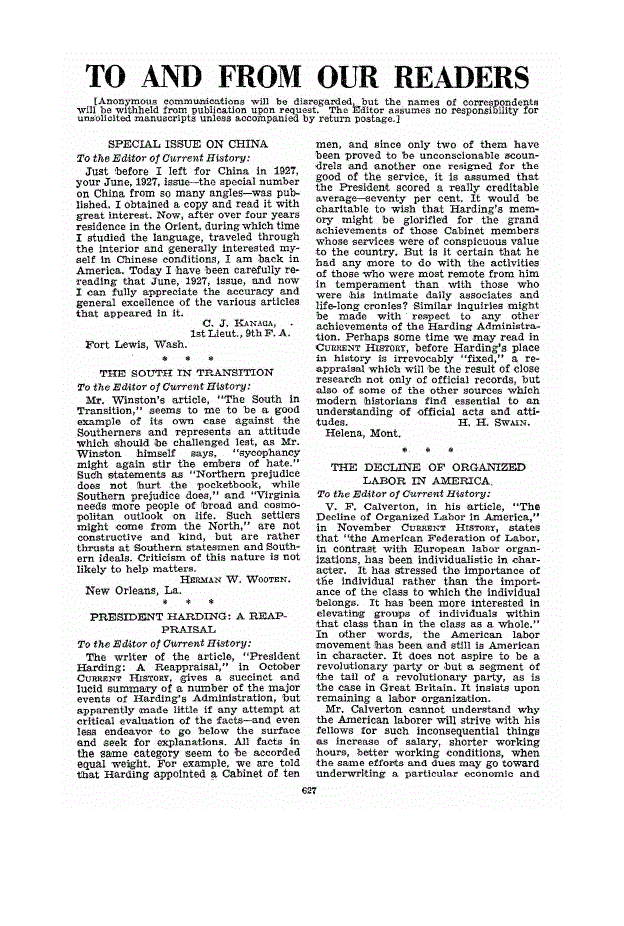 First page of To and From our Readers