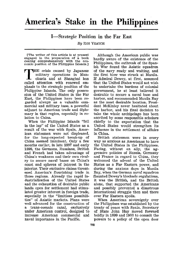 First page of America’s Stake in the Philippines I—Strategic Position in the Far East