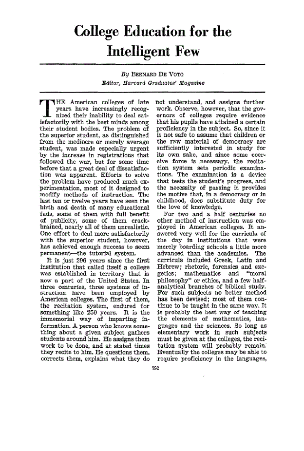 First page of College Education for the Intelligent Few