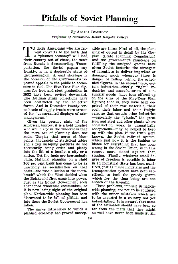 First page of Pitfalls of Soviet Planning