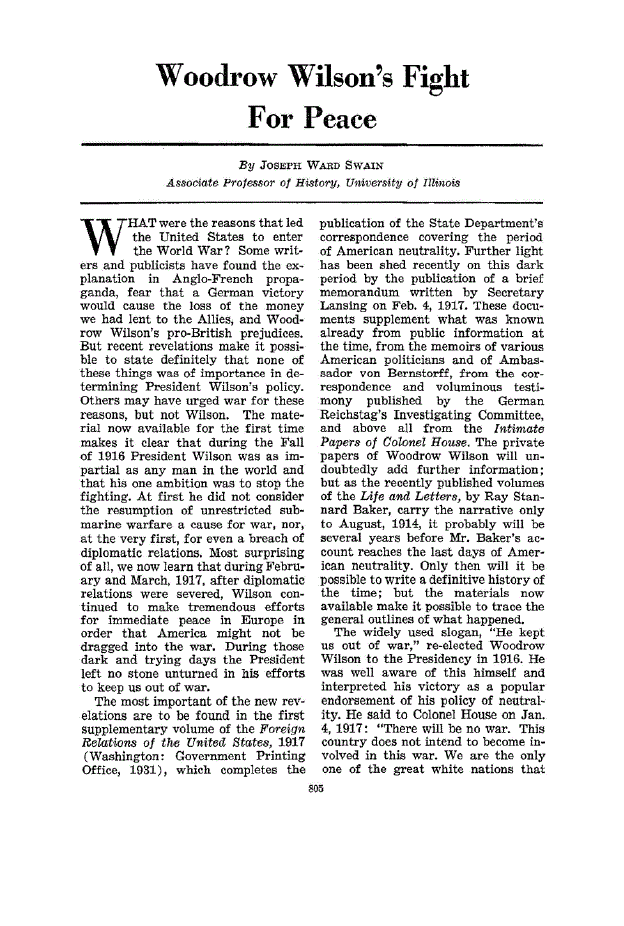 First page of Woodrow Wilson’s Fight for Peace