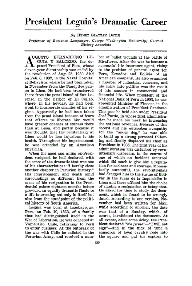 First page of President Leguia’s Dramatic Career