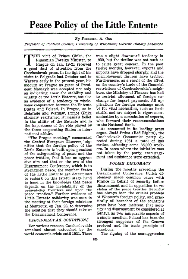First page of Peace Policy of the Little Entente
