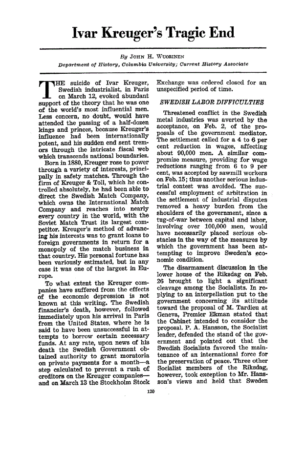 First page of Ivar Kreuger’s Tragic End