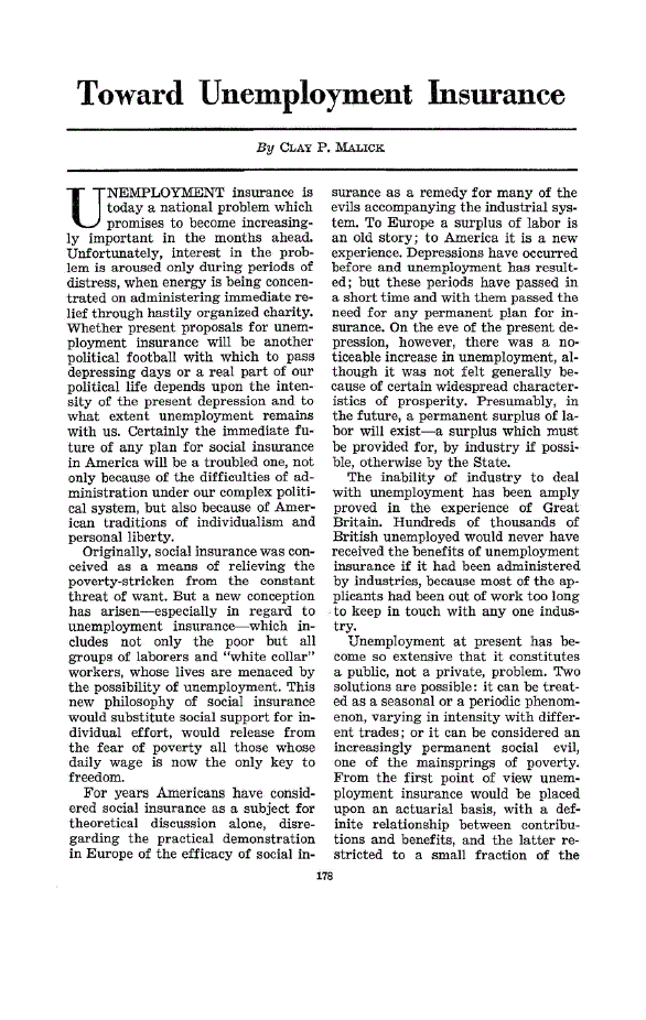 First page of Toward Unemployment Insurance