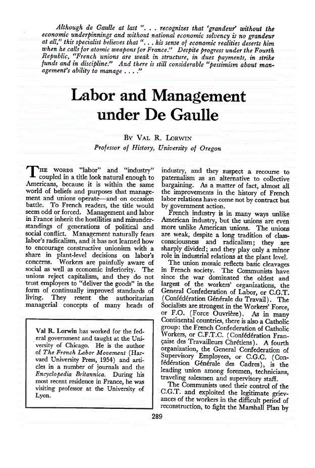 First page of Labor and Management under De Gaulle
