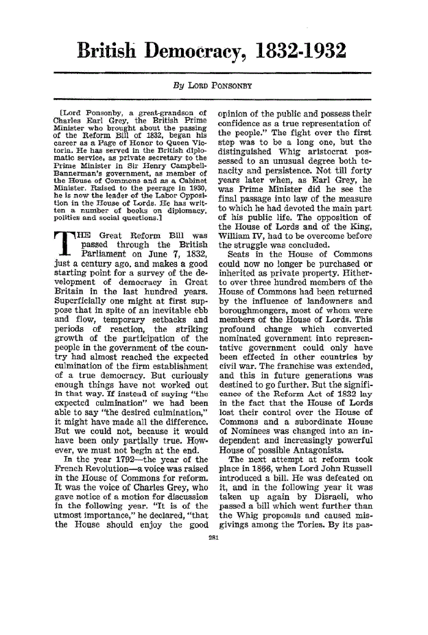 First page of British Democracy, 1832-1932