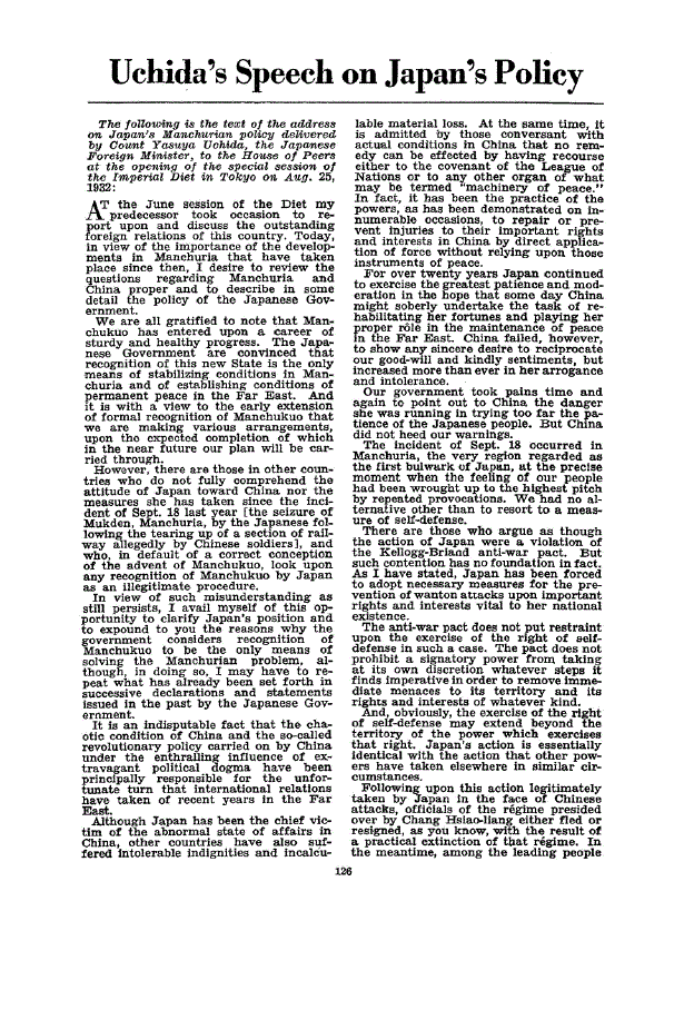 First page of Uchida’s Speech on Japan’s Policy
