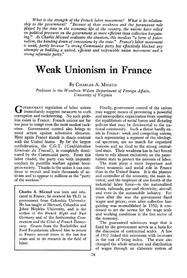 First page of Weak Unionism in France