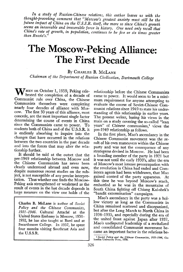 First page of The Moscow-Peking Alliance<subtitle>The First Decade</subtitle>