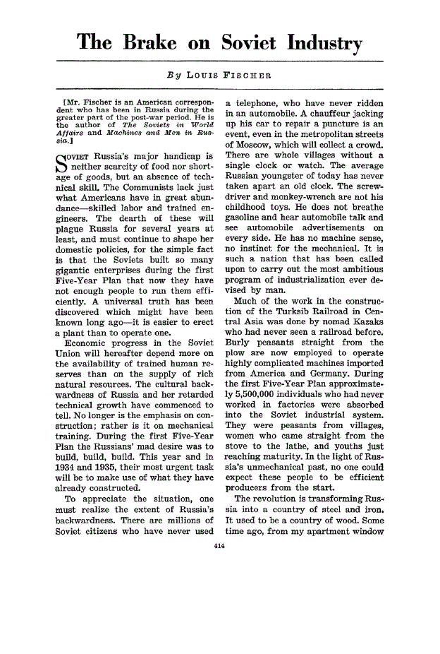 First page of The Brake on Soviet Industry