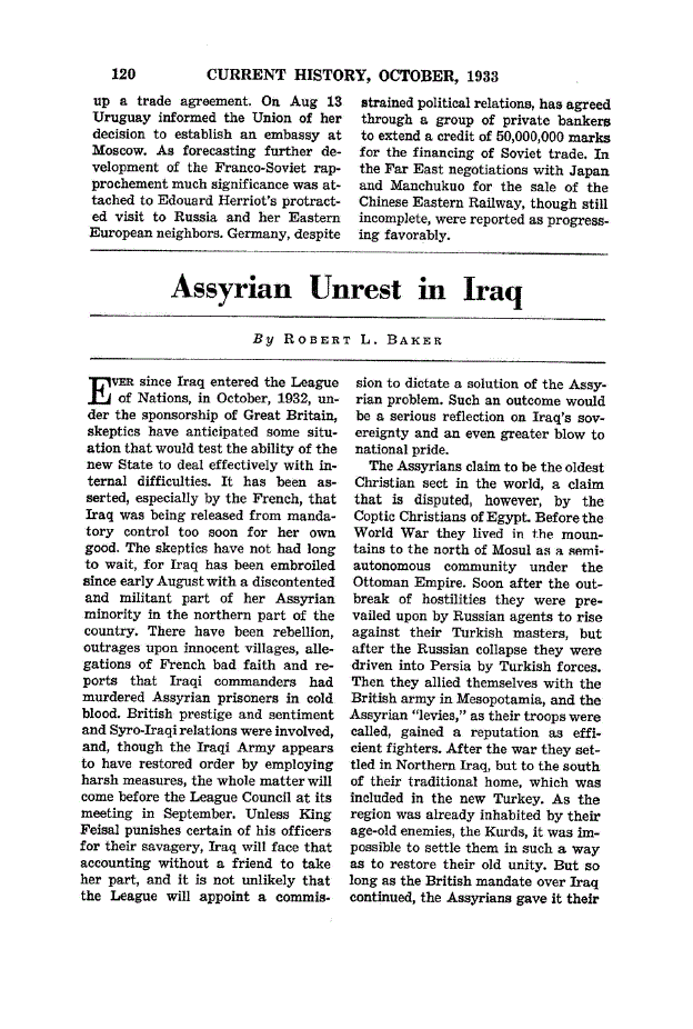 First page of Assyrian Unrest in Iraq