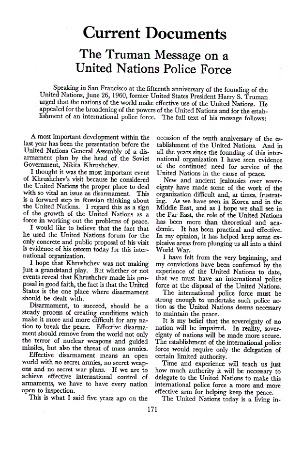 First page of The Truman Message on a United Nations Police Force