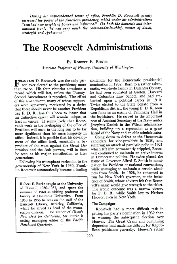 First page of The Roosevelt Administrations