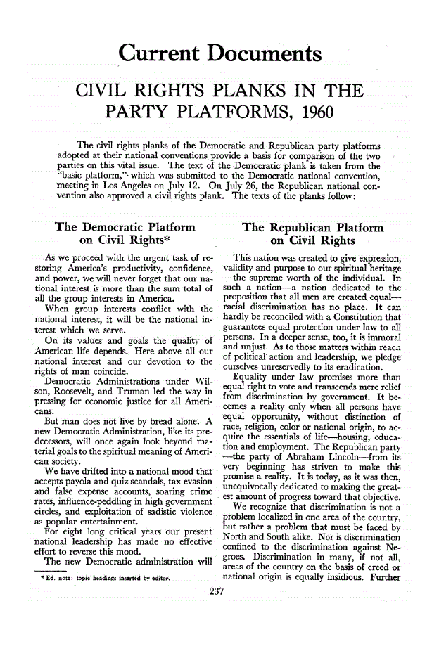 First page of Civil Rights Planks in the Party Platforms, 1960