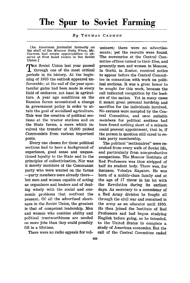 First page of The Spur to Soviet Farming