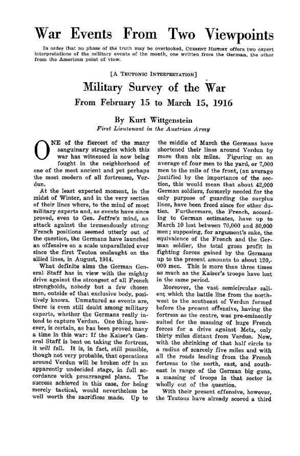 First page of Military Survey of the War From February 15 to March 15, 1916