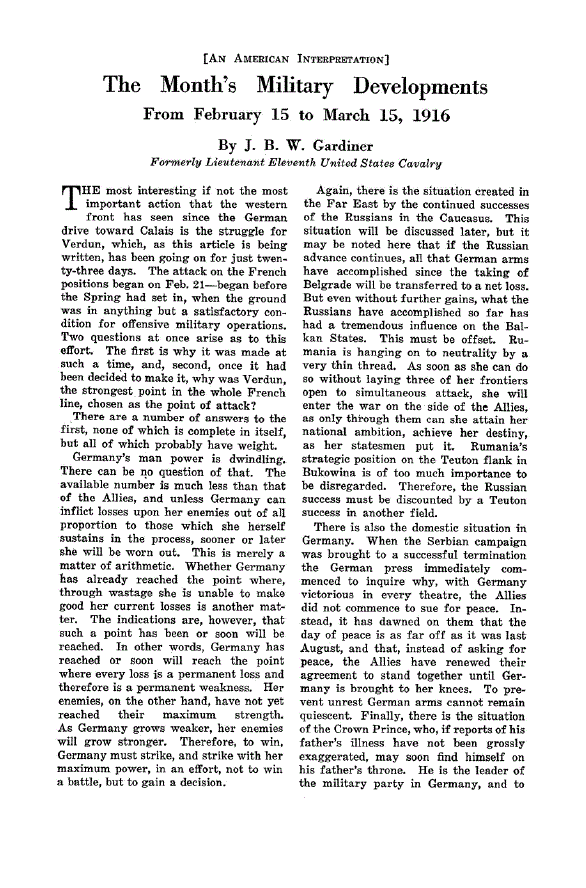 First page of The Month’s Military Developments From February 15 to March 15, 1916