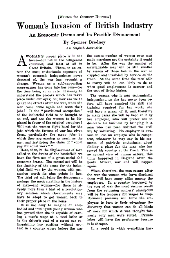 First page of Woman’s Invasion of British Industry<subtitle>An Economic Drama and its Possible Dénouement</subtitle>