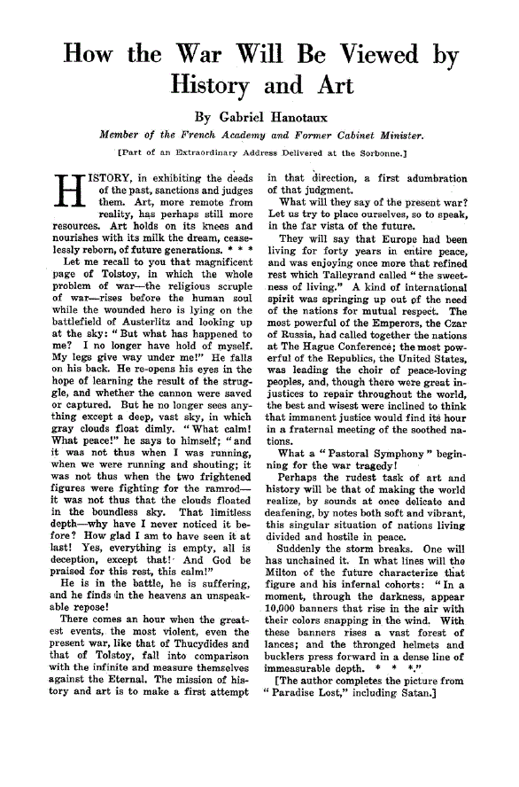 First page of How the War will be Viewed by History and Art