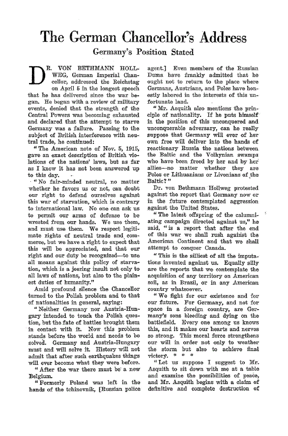 First page of The German Chancellor’s Address<subtitle>Germany’s Position Stated</subtitle>