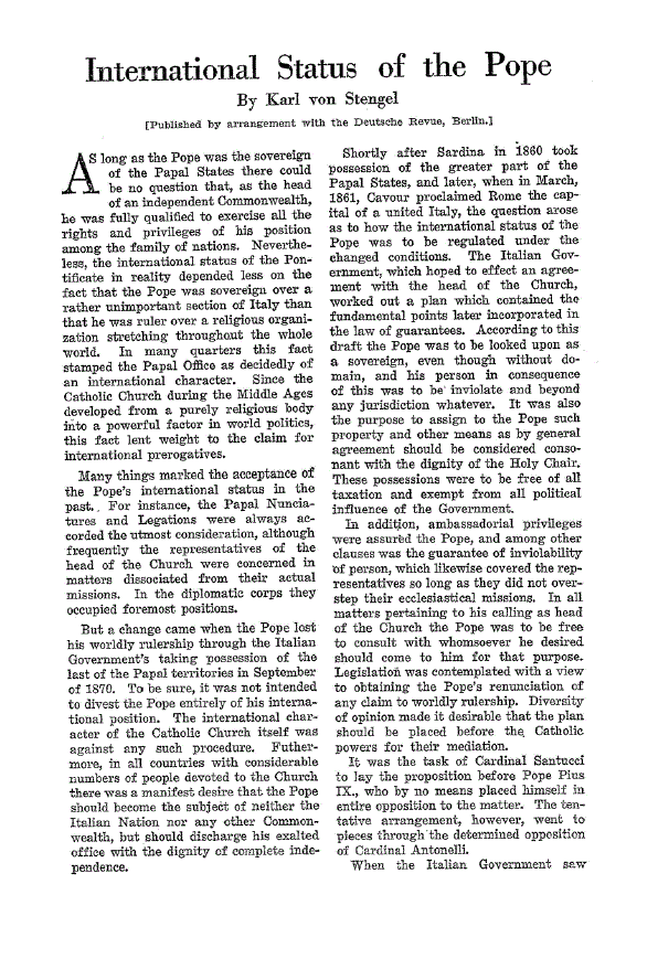 First page of International Status of the Pope
