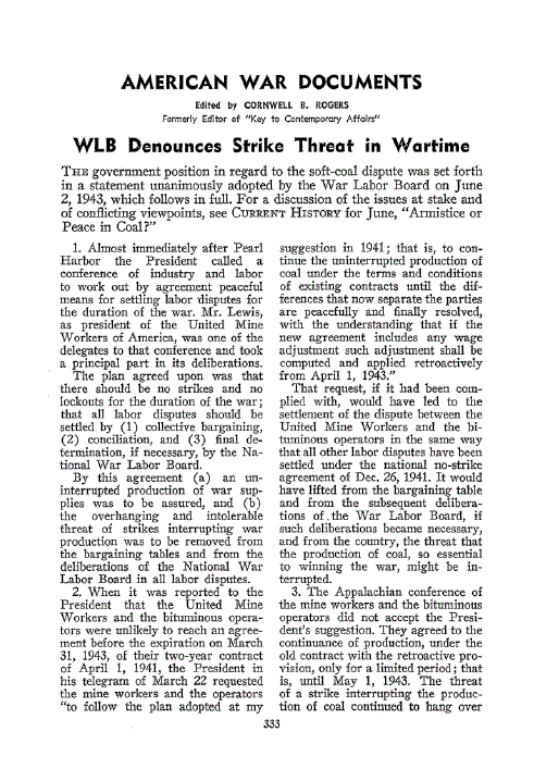 First page of WLB Denounces Strike Threat in Wartime, Report on the Refugee Problem, Exchange with Japan