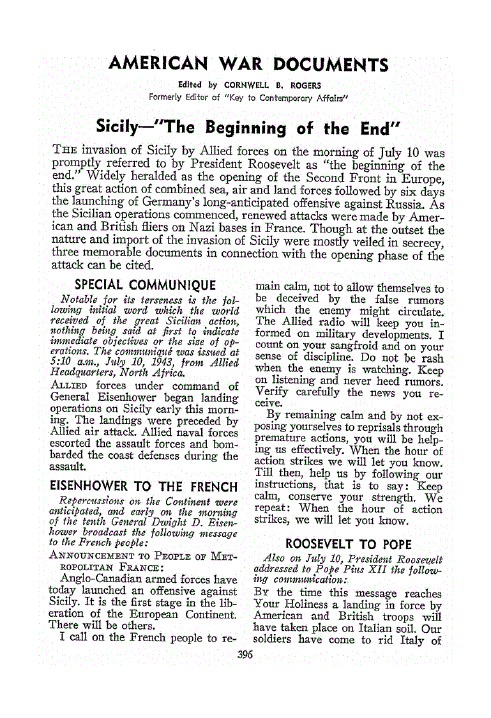 First page of Sicily–“The Beginning of the End”, France Among the United Nations, A World Program of Rehabilitation, Roosevelt Warns Axis on Gas Warfare