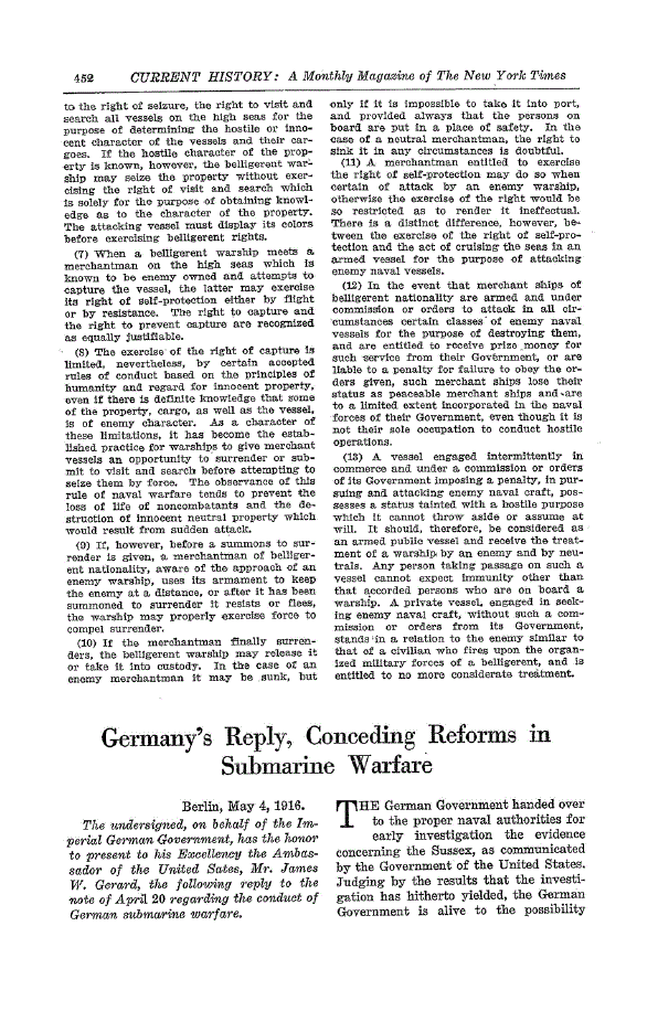First page of Germany’s Reply, Conceding Reforms in Submarine Warfare