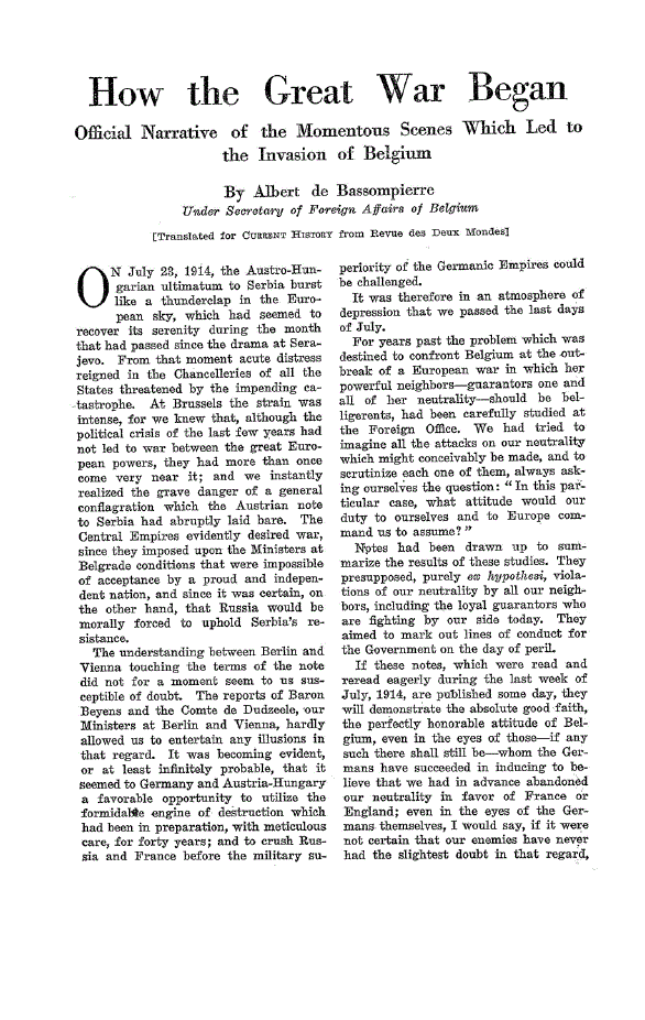 First page of How tlie Great War Began<subtitle>Official Narrative of the Momentous Scenes which Led to the Invasion of Belgium</subtitle>