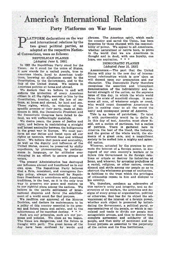 First page of America’s International Relations<subtitle>Party Platforms on War Issues</subtitle>