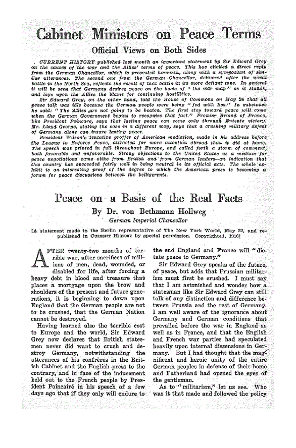 First page of Cabinet Ministers on Peace Terms<subtitle>Official Views on Both Sides</subtitle>