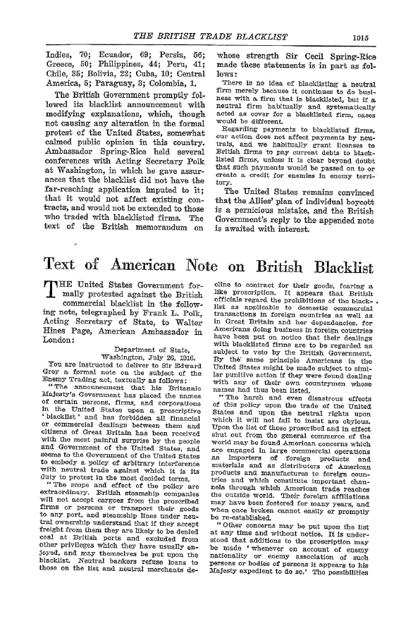 First page of Text of American Note on British Blacklist