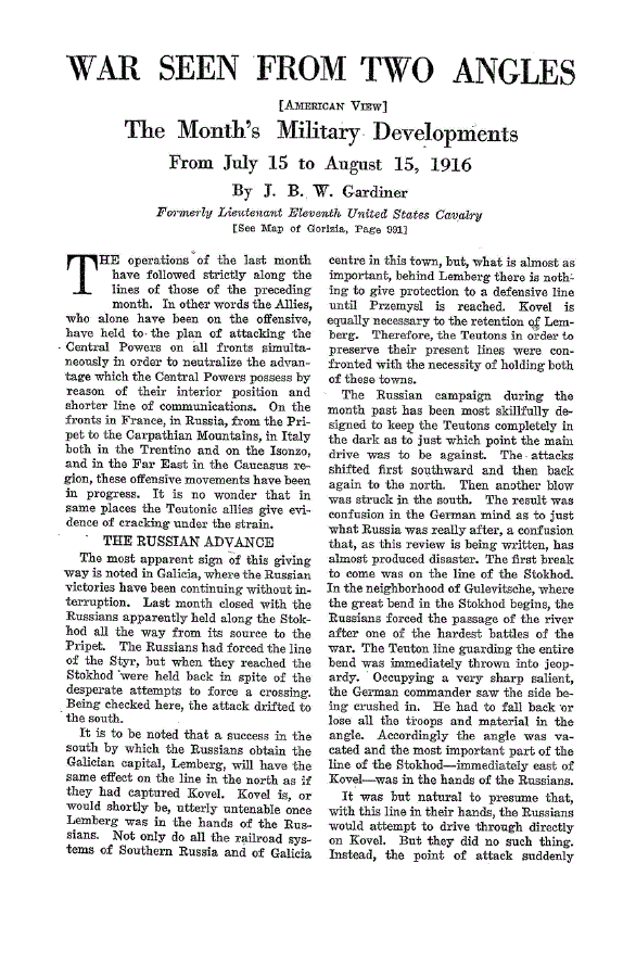 First page of The Month’s Military Developments from July 15 to August 15, 1916