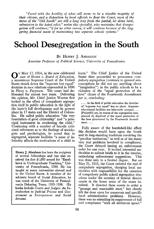 First page of School Desegregation in the South