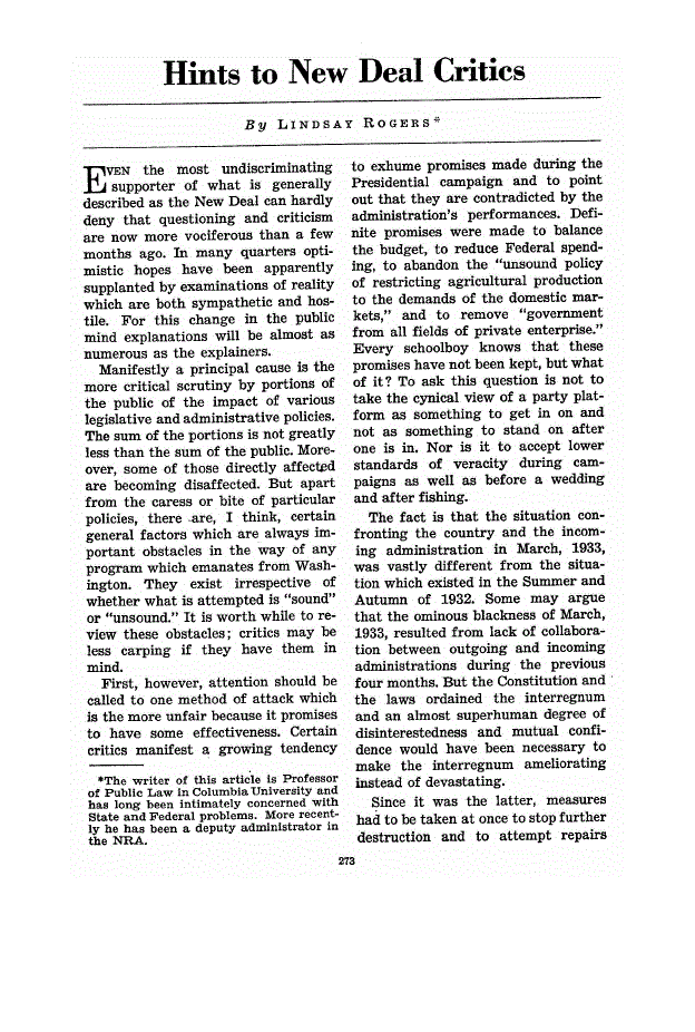 First page of Hints to New Deal Critics
