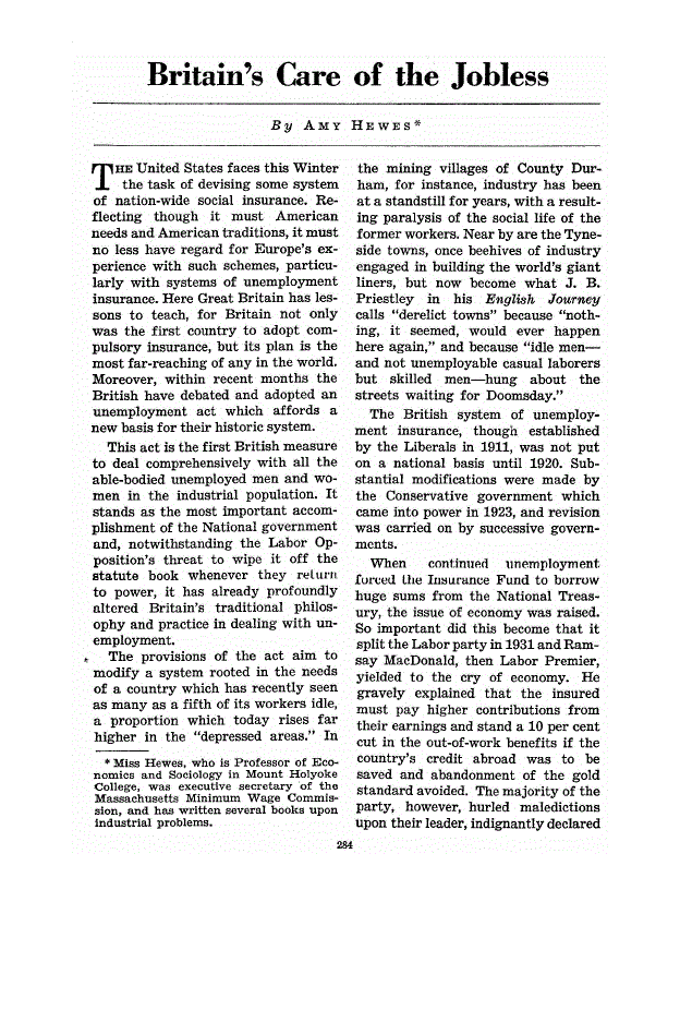 First page of Britain’s Care of the Jobless