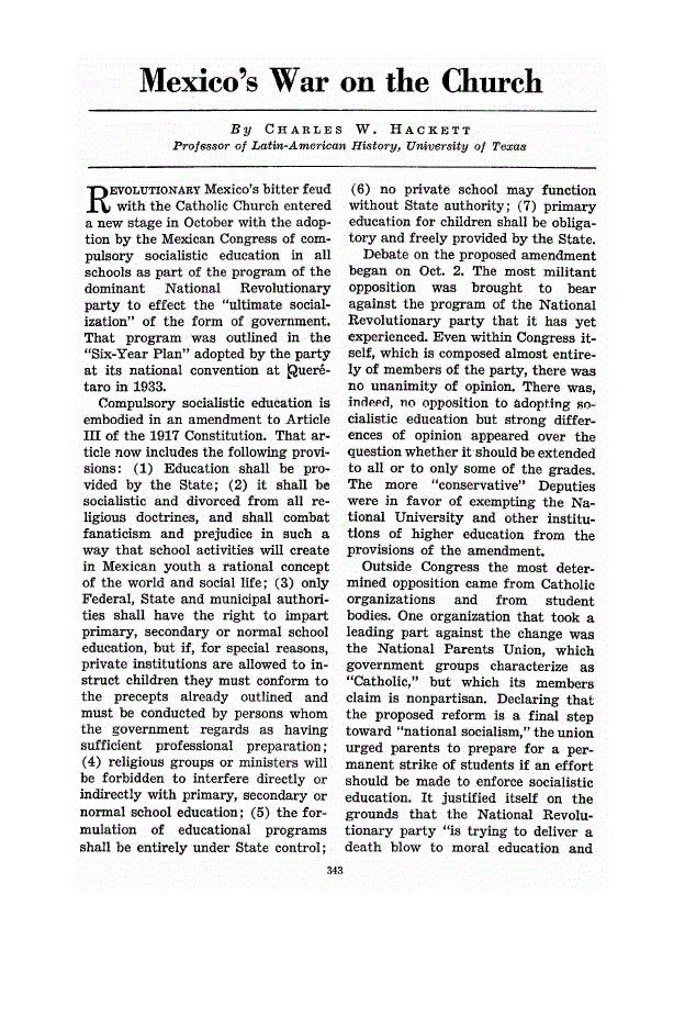 First page of Mexico’s War on the Church
