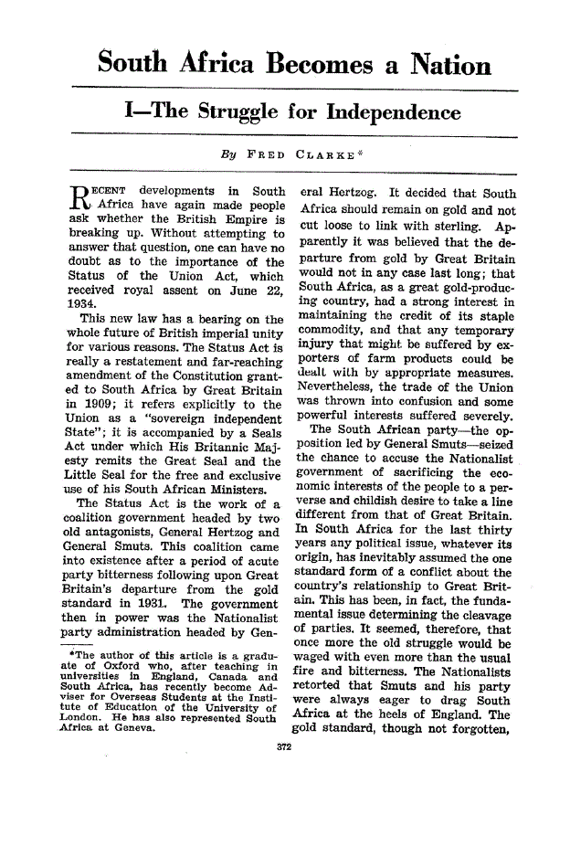 First page of South Africa Becomes a Nation I—The Struggle for Independence