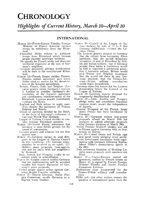 First page of Chronology<subtitle>Highlights of Current History, March 10–April 10</subtitle>