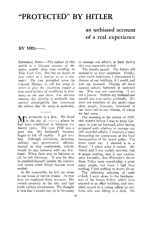 First page of “Protected” By Hitler<subtitle>an unbiased account of a real experience</subtitle>