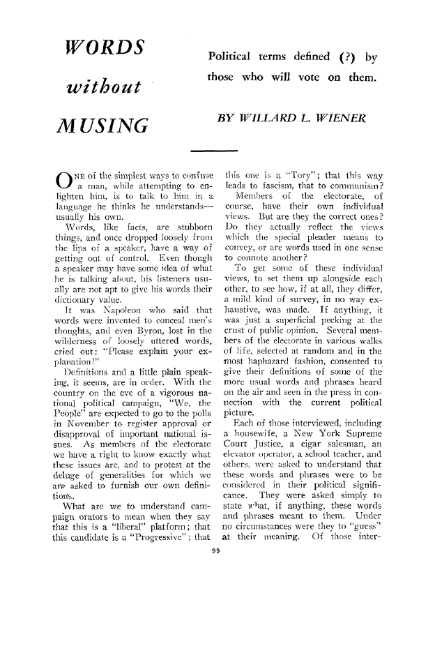 First page of Words without Musing<subtitle>Political terms defined (? ) by those who will vote on them</subtitle>