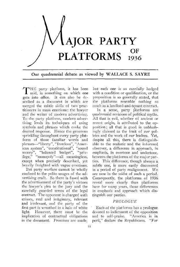 First page of Major Party Platforms of 1936