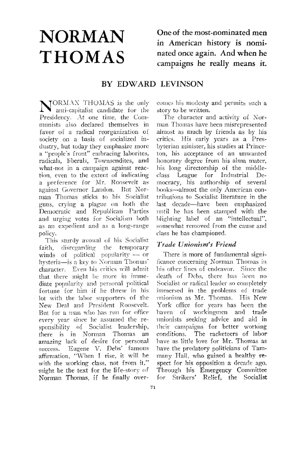 First page of Norman Thomas